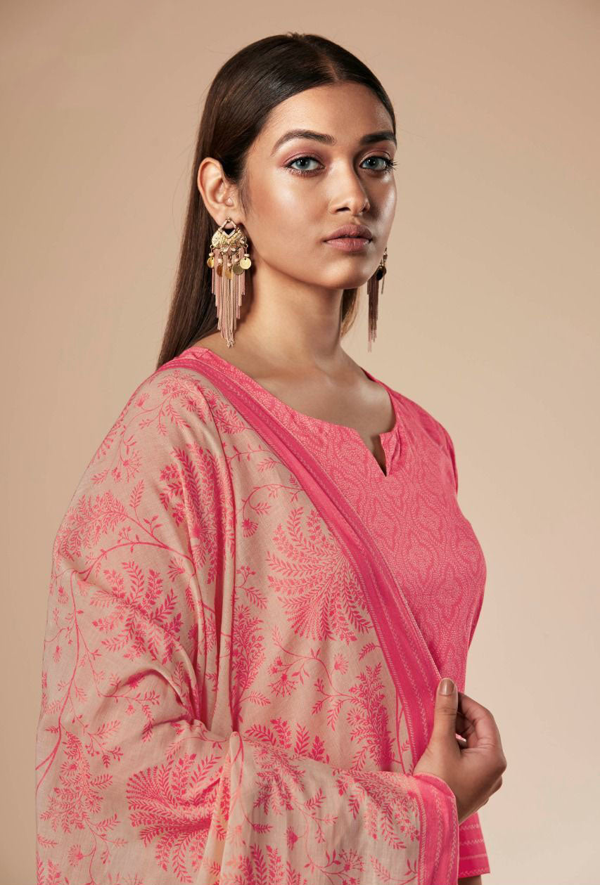 Ganga Unstitched Pink Cotton Printed Dress Material for Ladies - Stilento