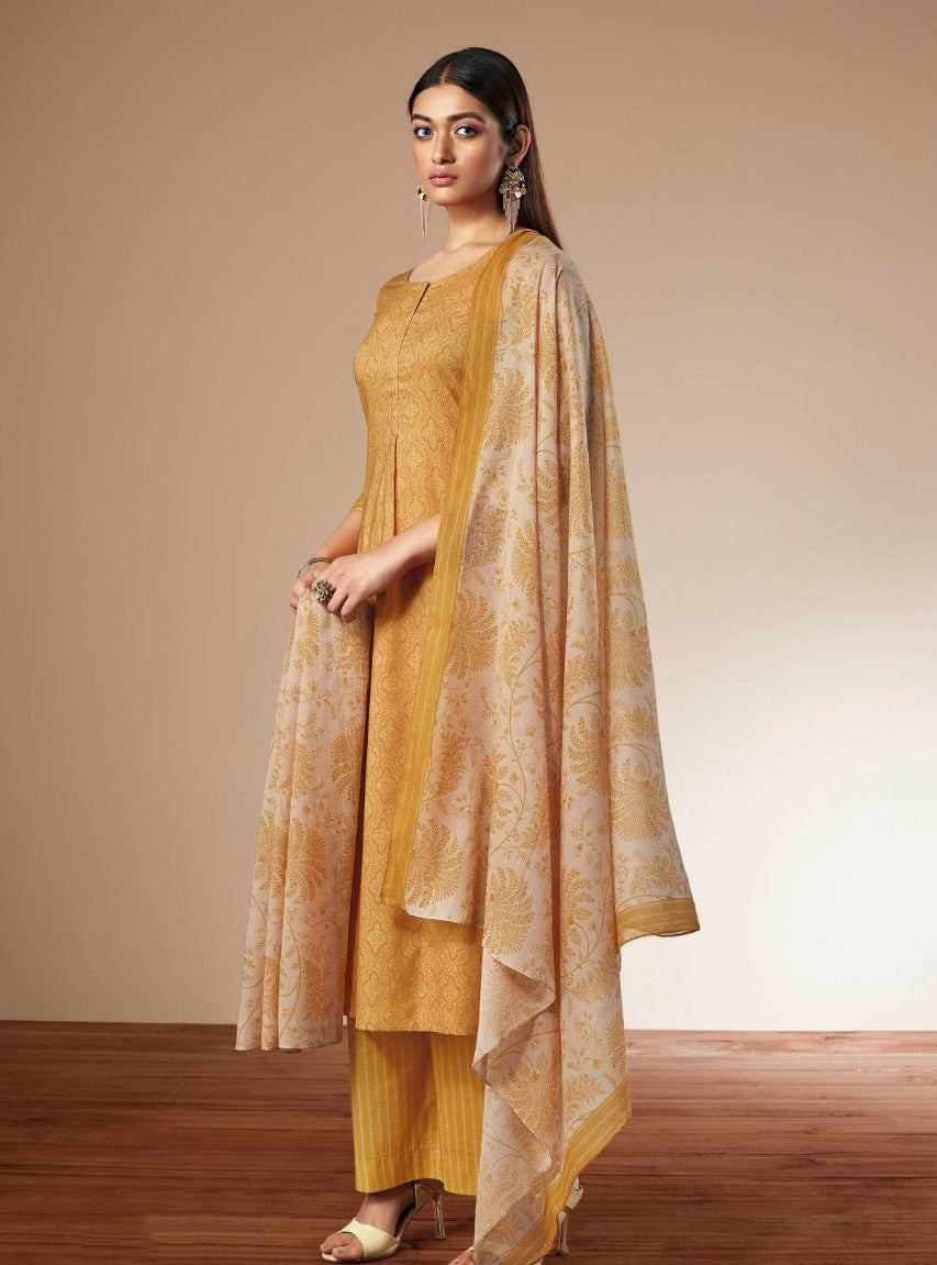 Ganga Unstitched Yellow Cotton Printed Dress Suit Material for Ladies - Stilento