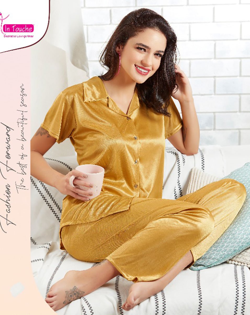 Golden Satin Night suits Pajamas Set for Ladies - Stilento