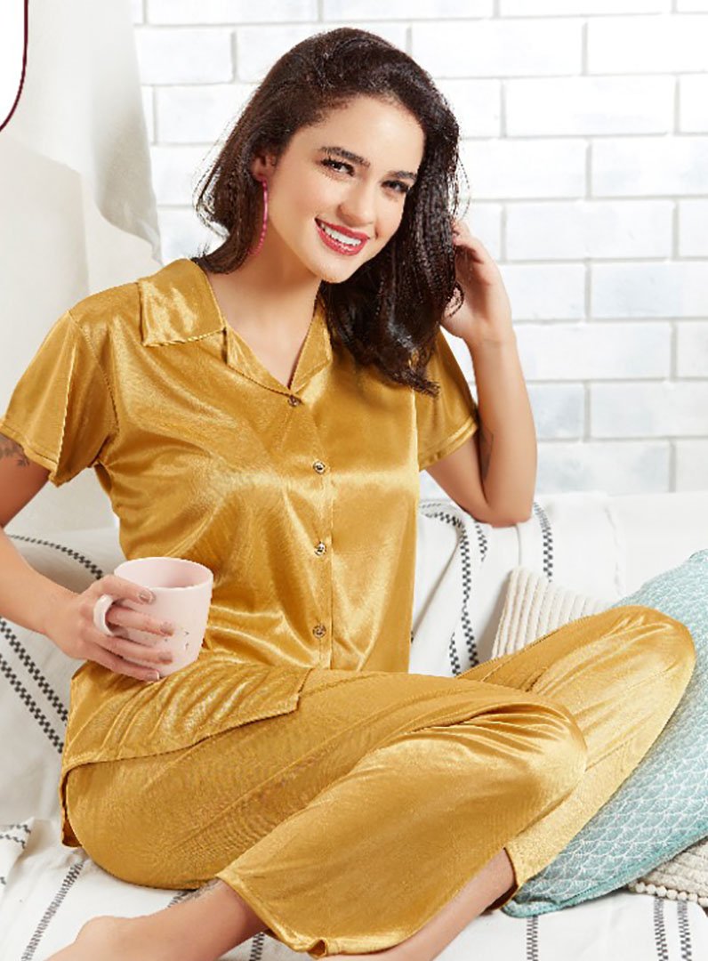 Golden Satin Night suits Pajamas Set for Ladies - Stilento