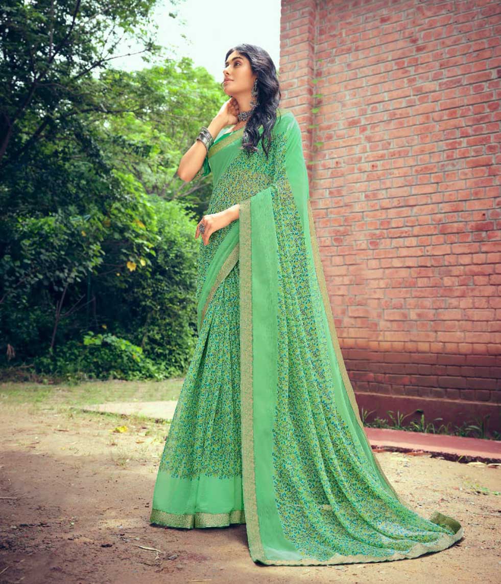 Green Chiffon Printed Fancy Lace Border Saree for Women - Stilento