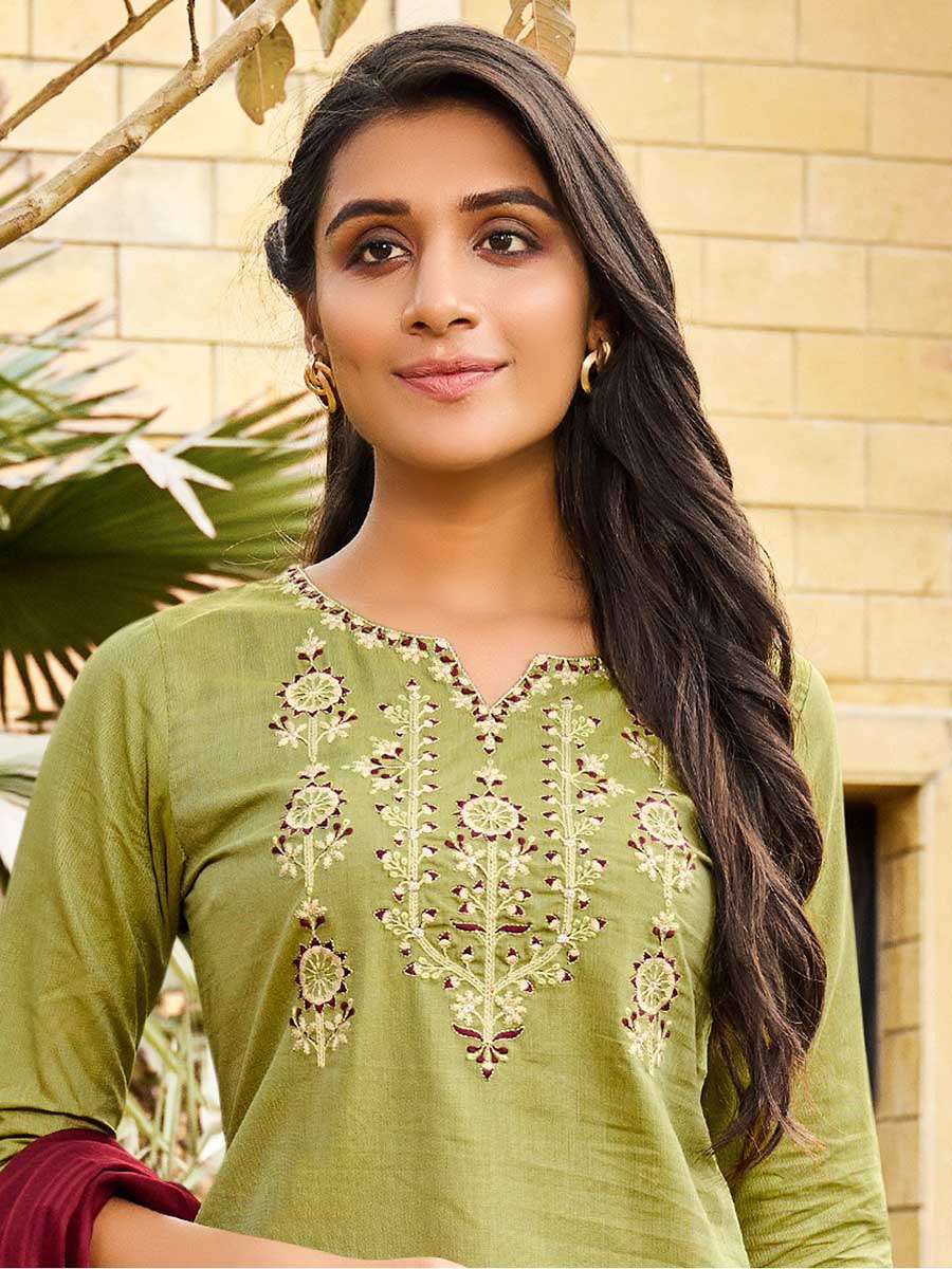 Green Cotton Embroidered Fully Stitched Suit Set - Stilento