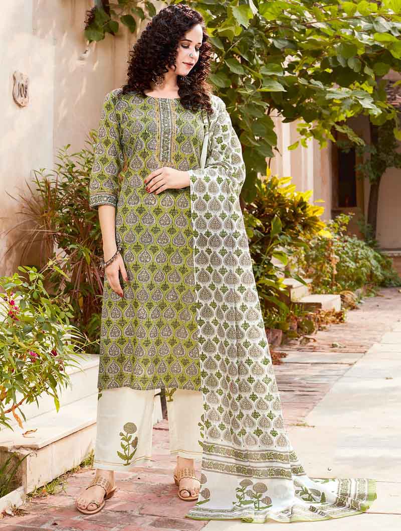 Green Cotton Kurti Pant Set with Dupatta