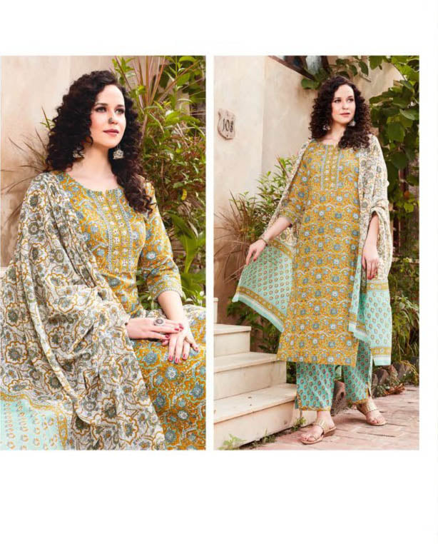 Green Cotton Kurti Pant Set with Dupatta