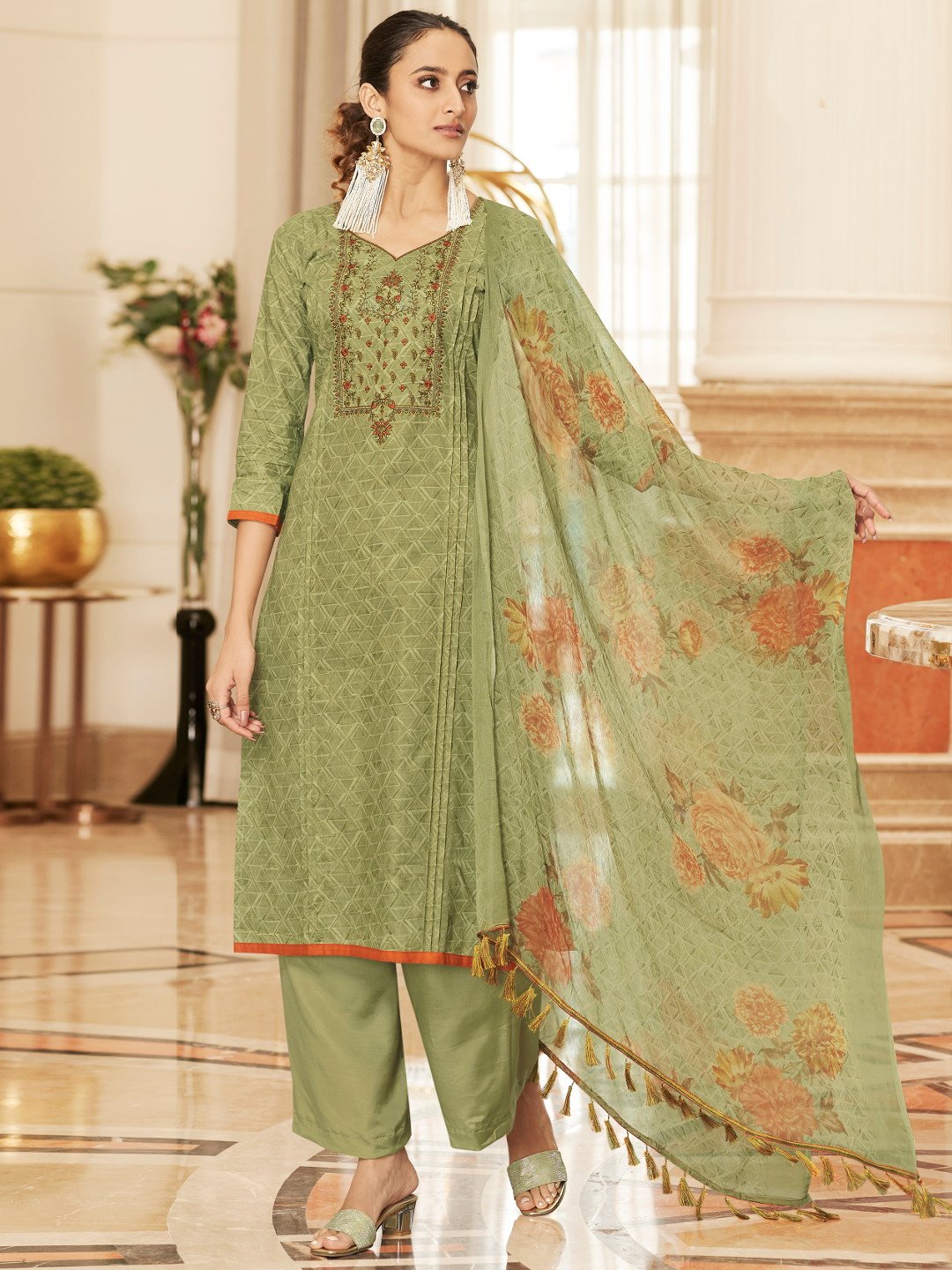 Green Cotton Printed Unstitched Suit with Dupatta - Stilento