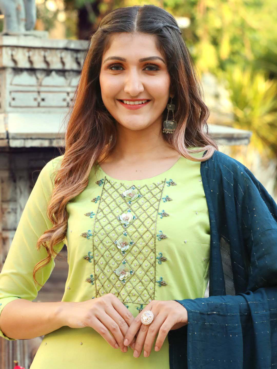 Green Cotton Silk Fully Stitched Suit with Banarasi Dupatta