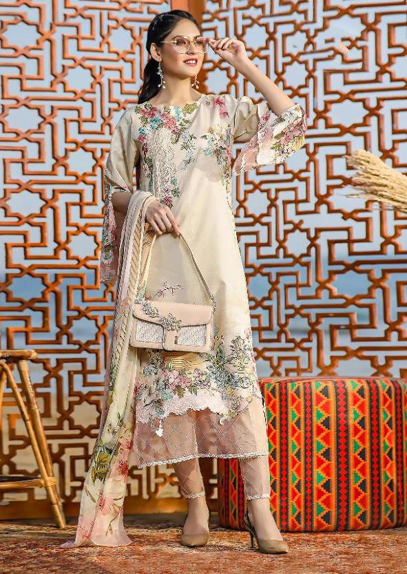 Green Cotton Unstitched Pakistani Dress Material with Chiffon Dupatta - Stilento