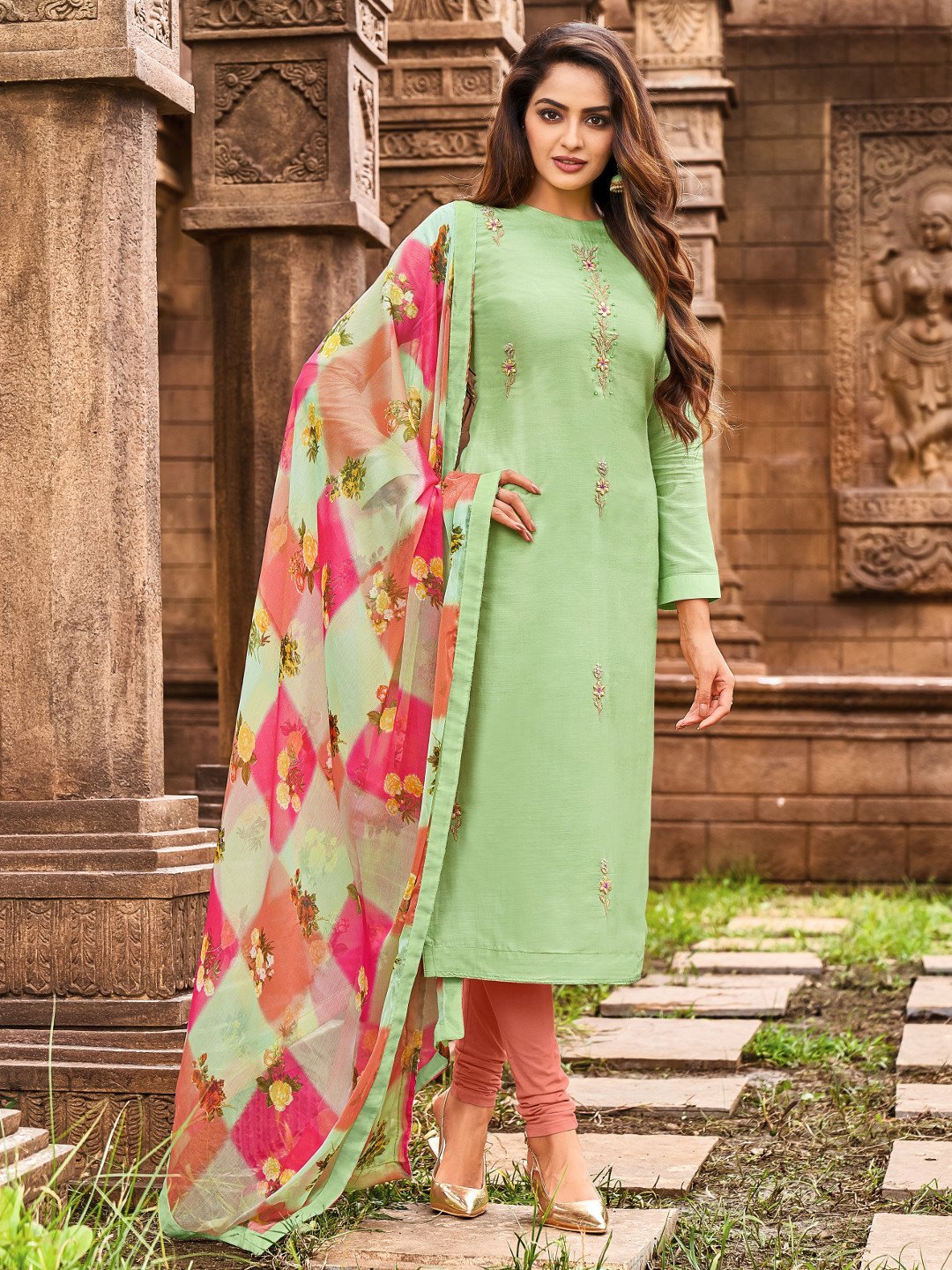 Green Embroidered Unstitched Cotton Suit With Dupatta - Stilento