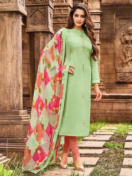 Green Embroidered Unstitched Cotton Suit With Dupatta