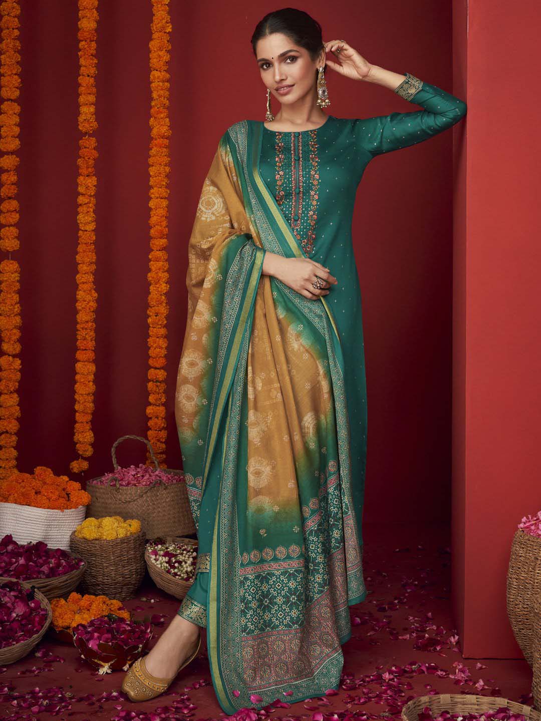 Unstitched Embroidered Cotton Satin Green Salwar Suit Material