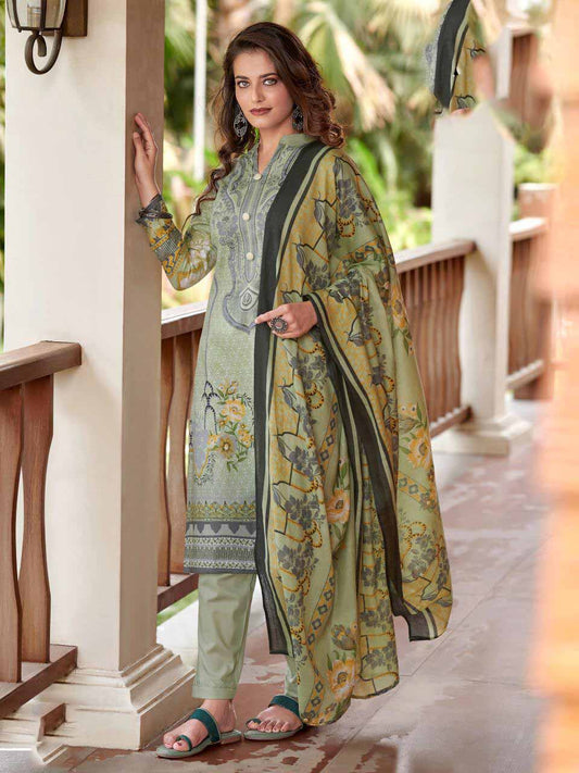 Green Pakistani Style Lawn Cotton Suit Material for Ladies
