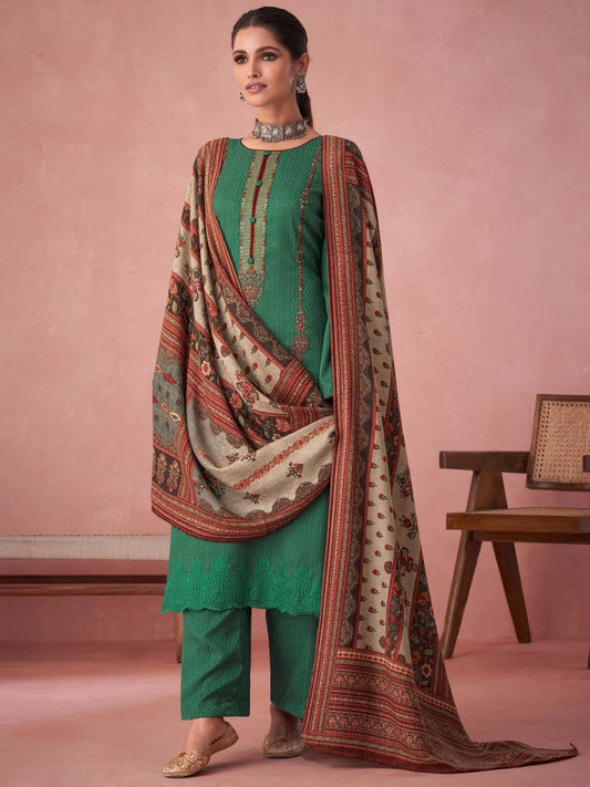 Green Pashmina Twill Embroidered Unstitched Winter Suit Set