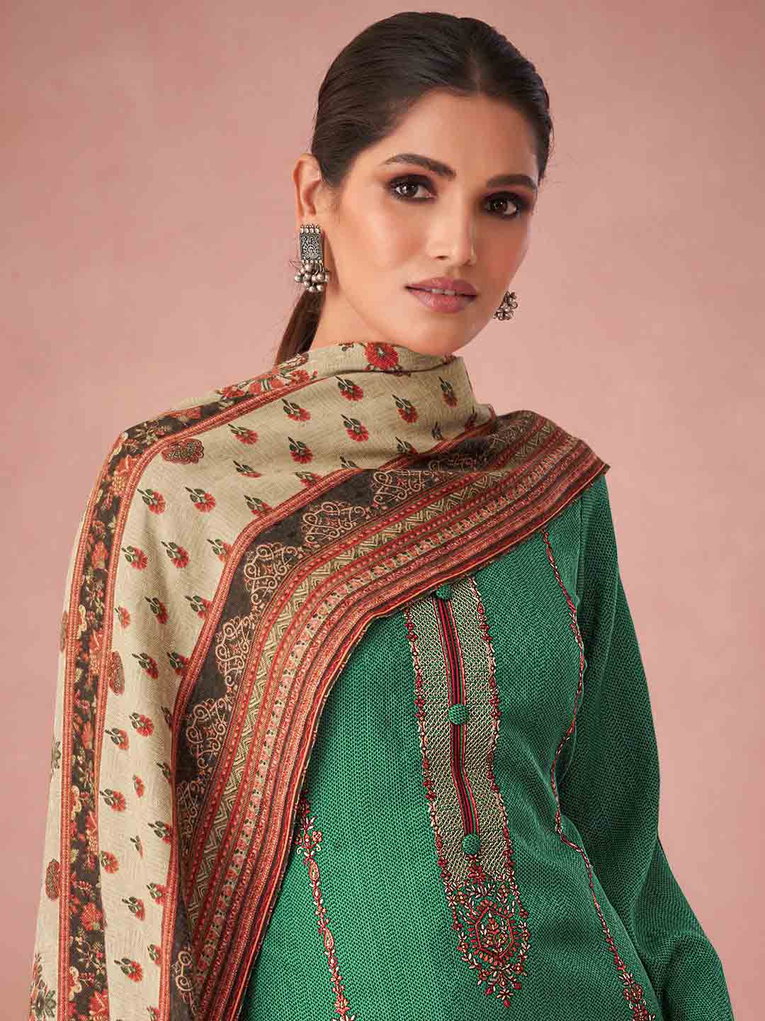 Green Pashmina Twill Embroidered Unstitched Winter Suit Set - Stilento
