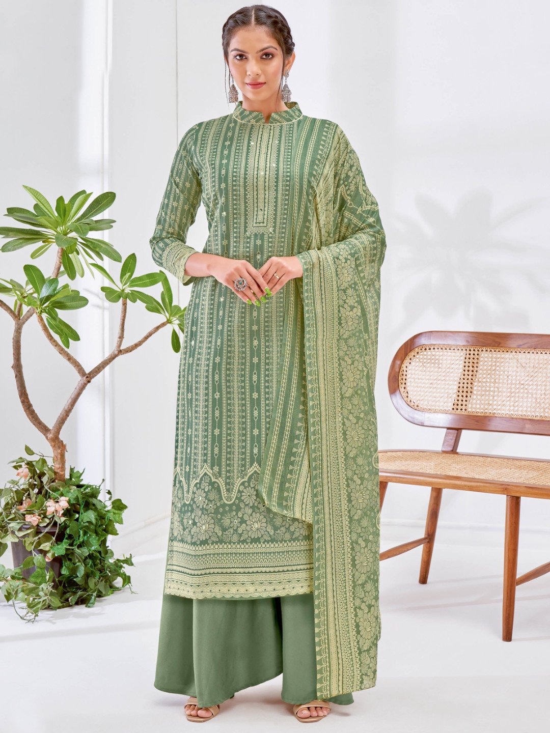 Green Printed Cotton Unstitched Suit Material - Stilento
