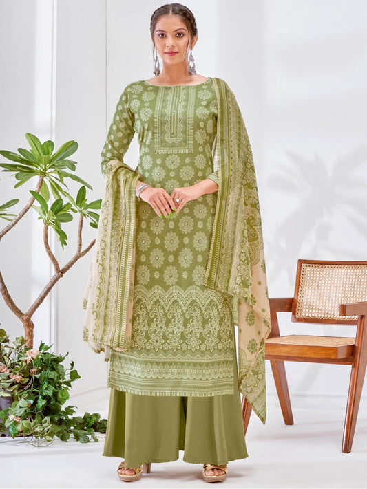 Green Printed Cotton Unstitched Suit Material