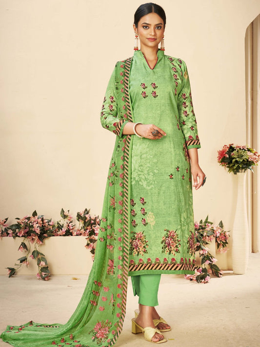 Green Printed Cotton Unstitched Suit With Chiffon Dupatta - Stilento