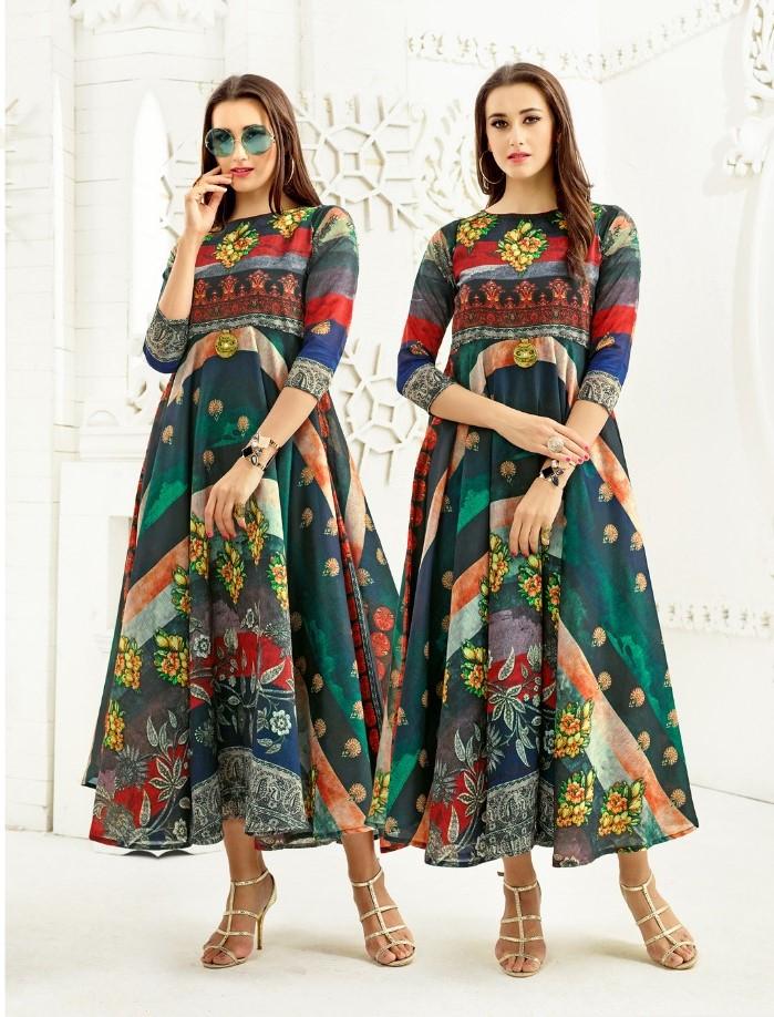 Green Printed Flared Silk Anarkali Kurta for Women