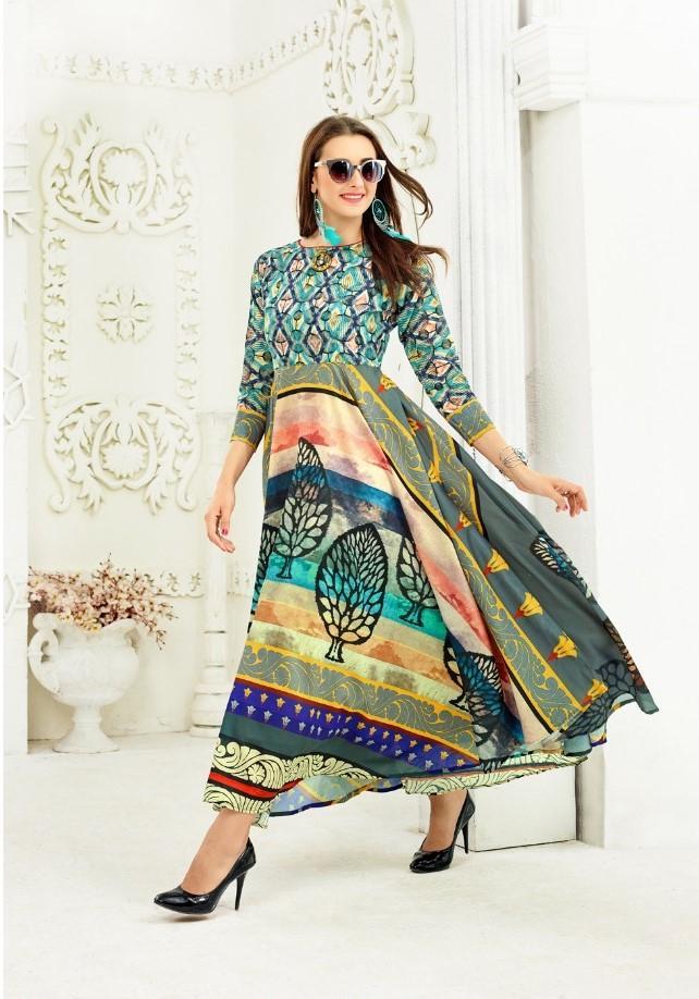Green Printed Flared Silk Anarkali Kurta for Women