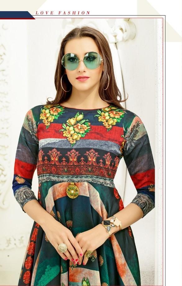 Green Printed Flared Silk Anarkali Kurta for Women