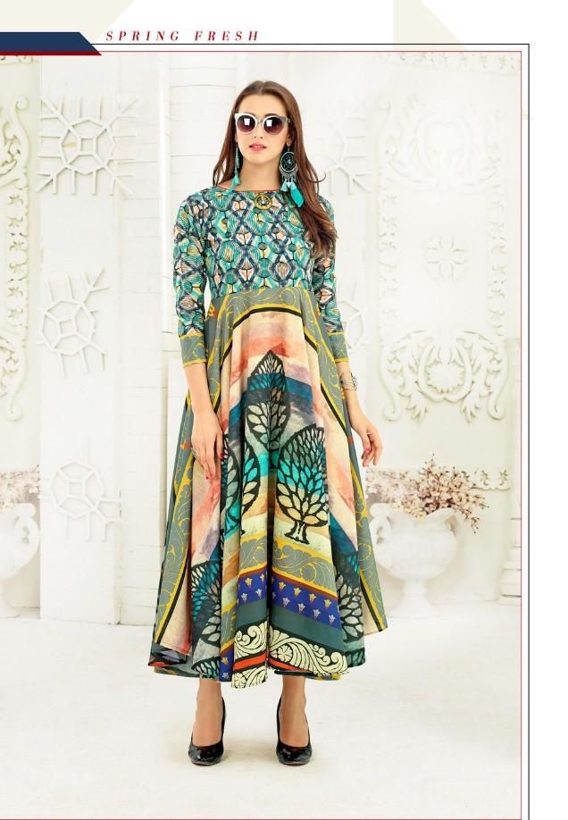 Green Printed Flared Silk Anarkali Kurta for Women