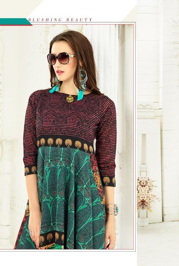 Green Printed Flared Silk Anarkali Kurta for Women
