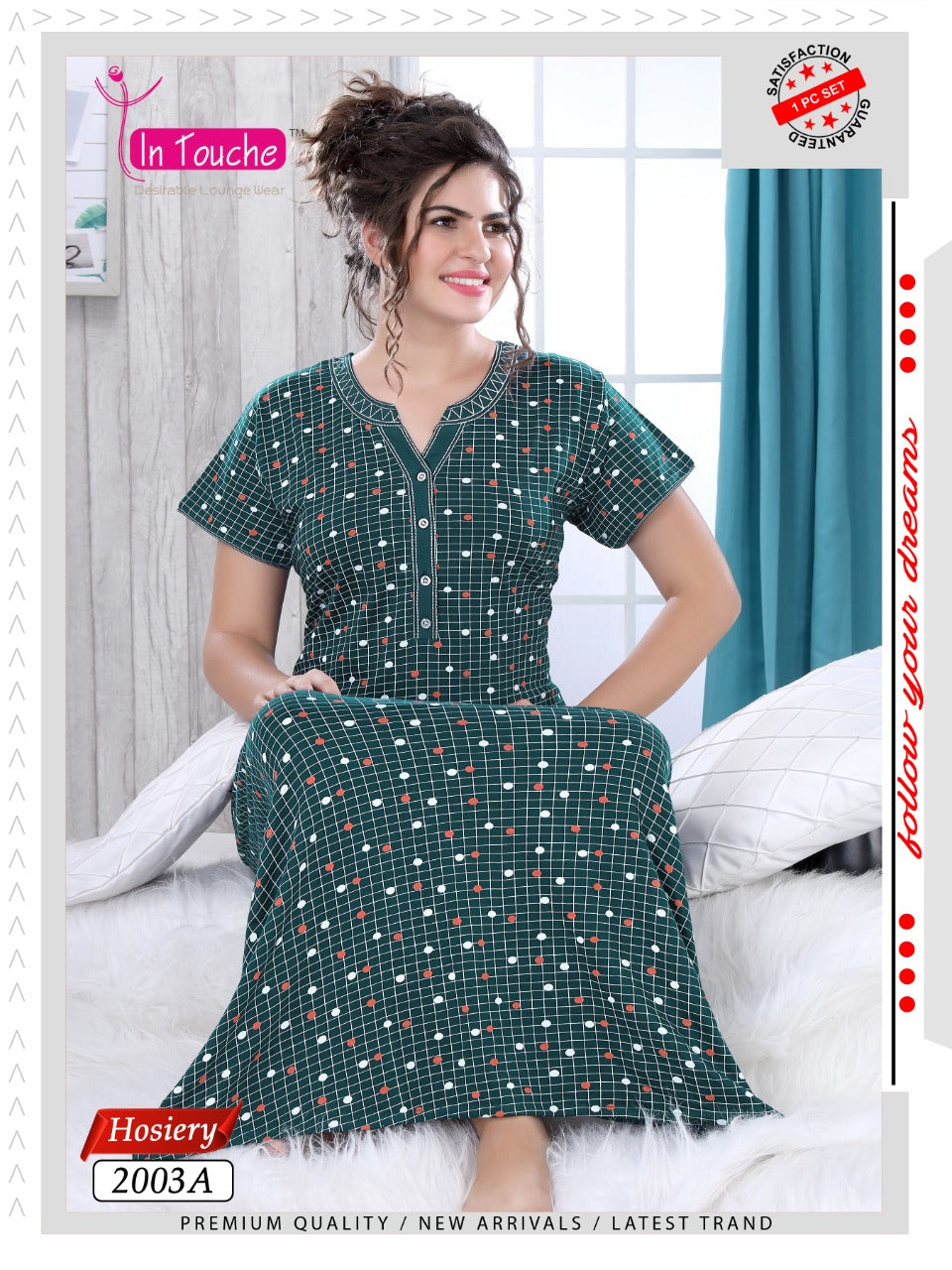 Green Printed Full Length Cotton Nighty for Women
