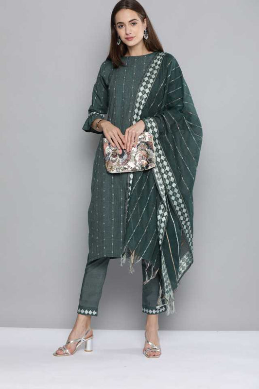 Green Pure Cotton Handloom Unstitched Dress Material for Ladies