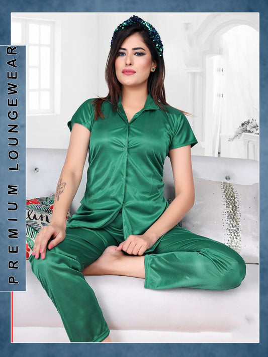 Green Satin Night Suit Wear Set for Ladies - Stilento