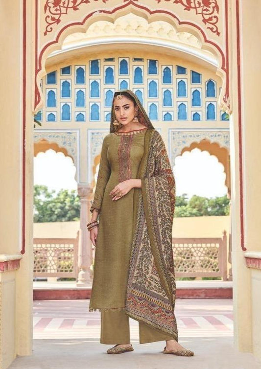 Green Un-Stitched Faux Pashmina Suit with Dupatta