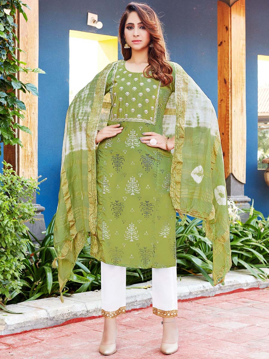 Green Viscose Printed Stitched Readymade Suit with Dupatta - Stilento