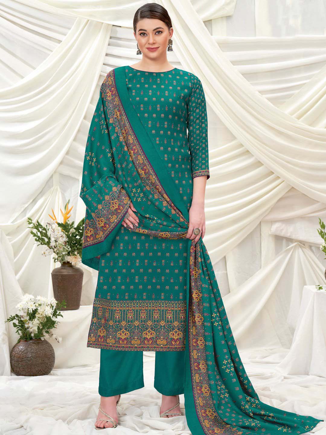 Wool Pashmina Green Printed Unstitched Suit Set - Stilento