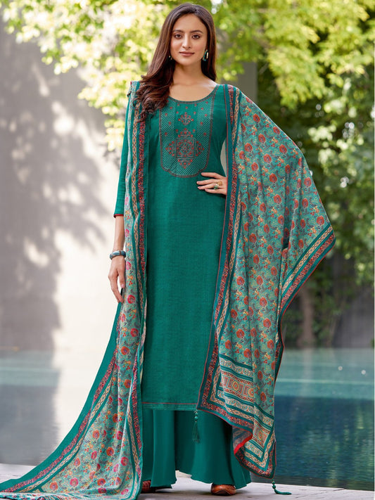 Green Woolen Pashmina Winter Unstitched suits for Ladies