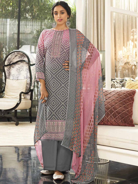 Unstitched Grey Pink Cotton Printed Suit Materials with Dupatta