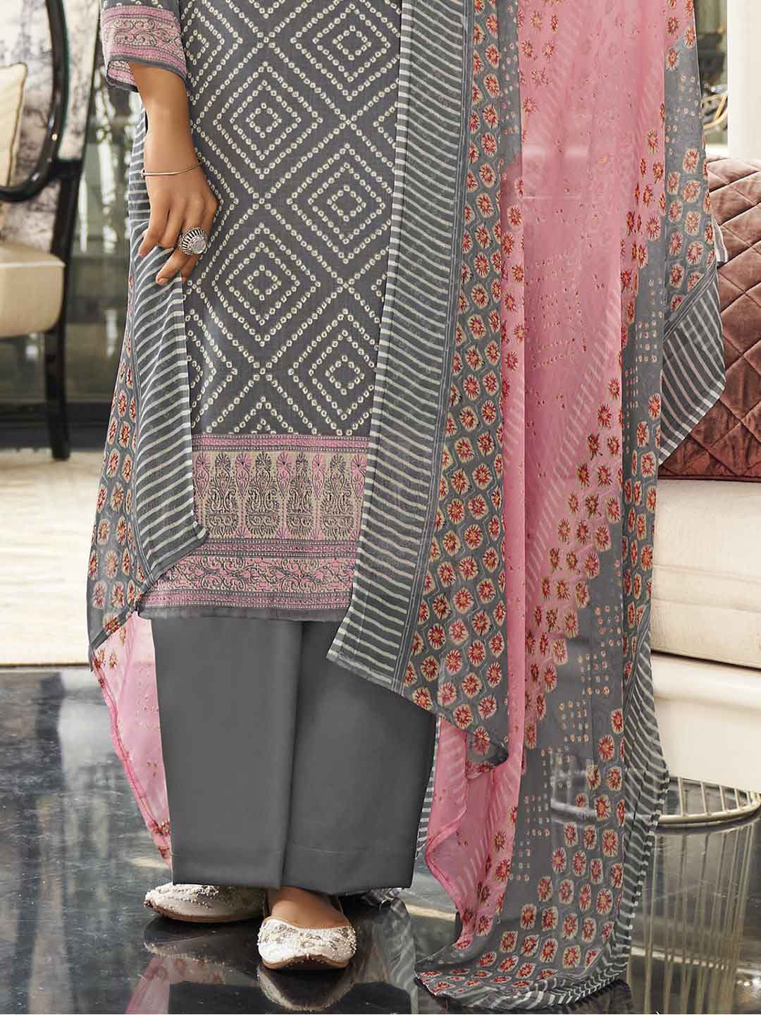 Unstitched Grey Pink Cotton Printed Suit Materials with Dupatta - Stilento