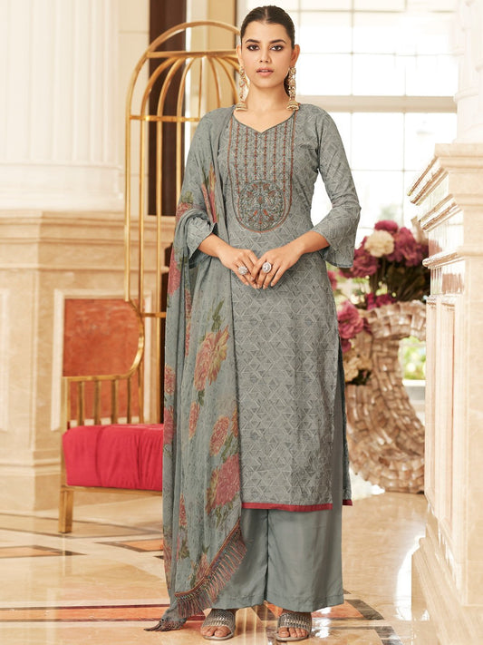 Grey Cotton Unstitched Women Suit with Embroidery