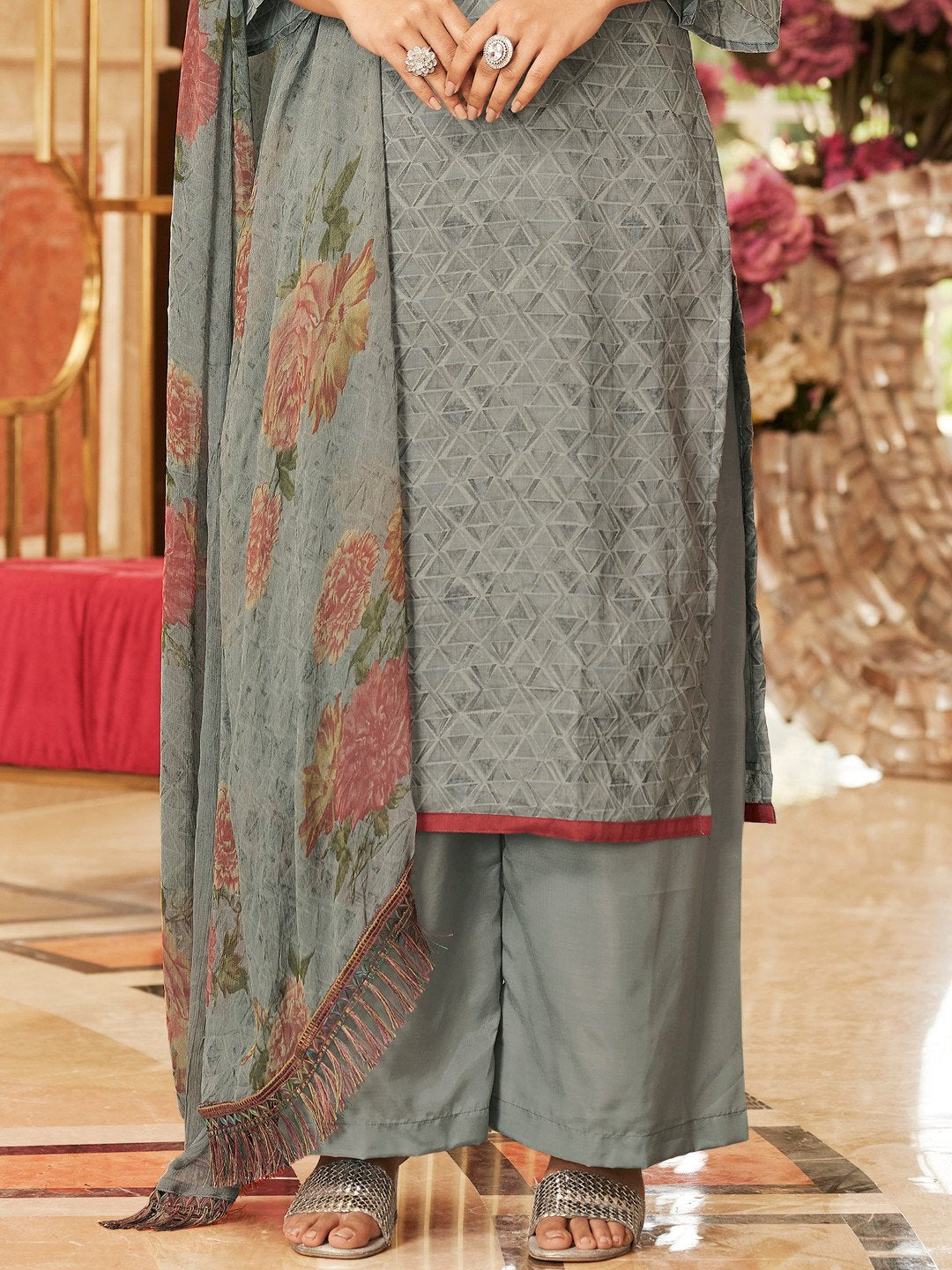 Grey Cotton Unstitched Women Suit with Embroidery - Stilento