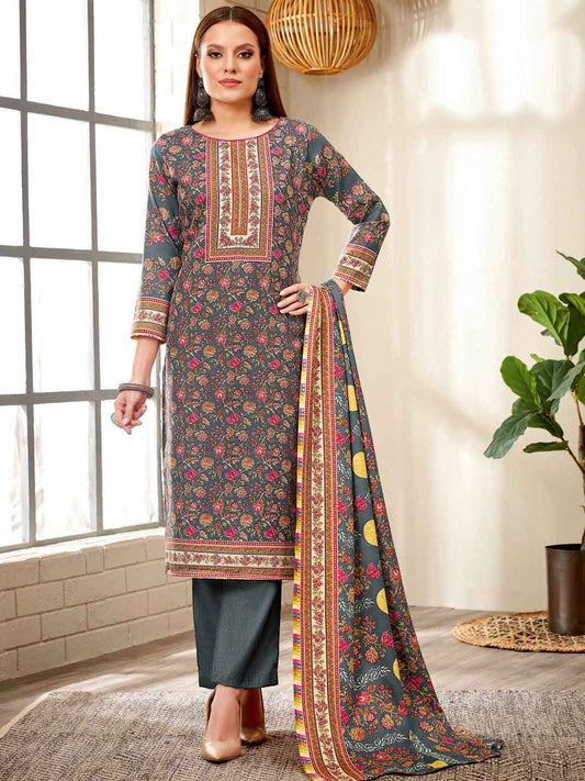 Grey Printed Spun Pashmina Unstitched Winter Suit