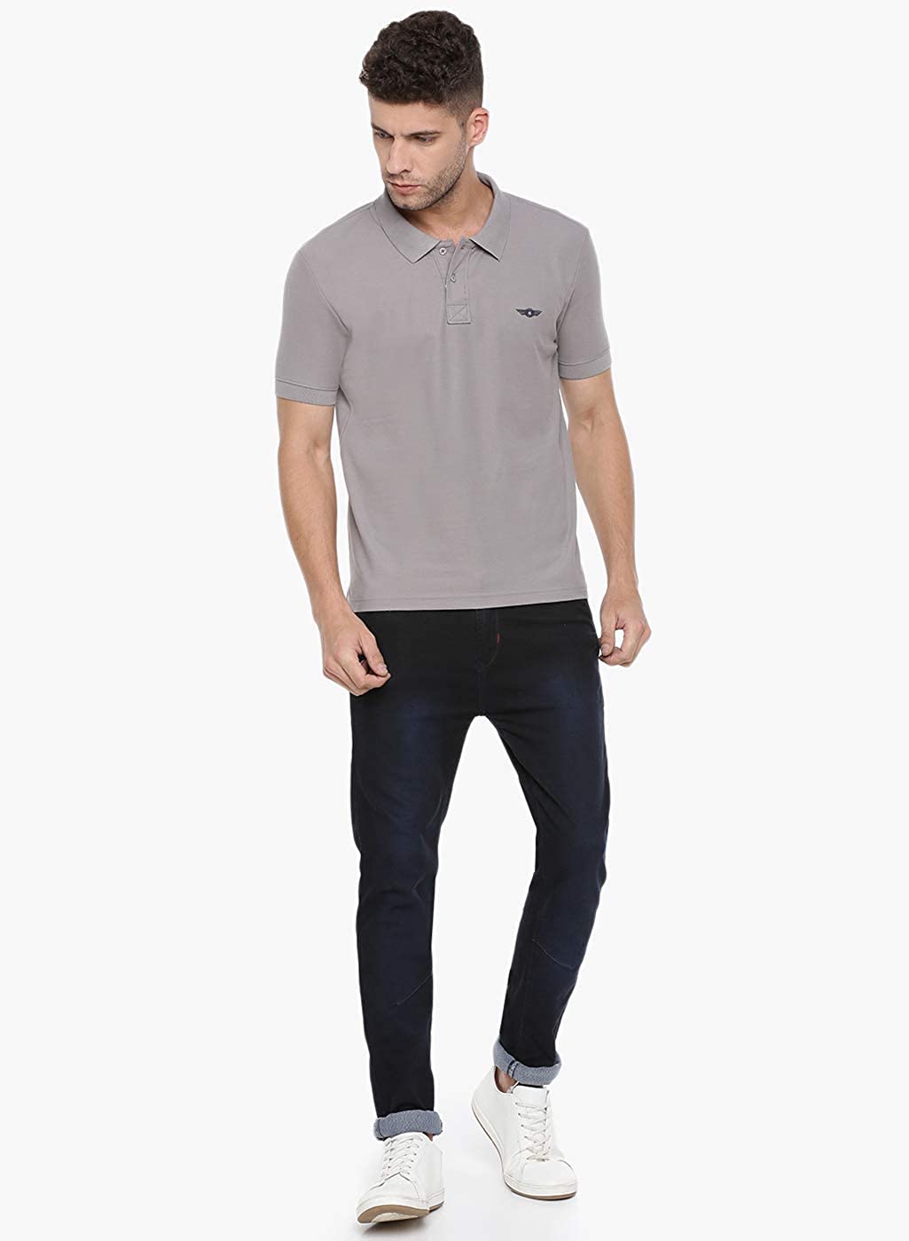 Grey Slim Fit Polo Neck T-Shirt with collar for Men - Stilento