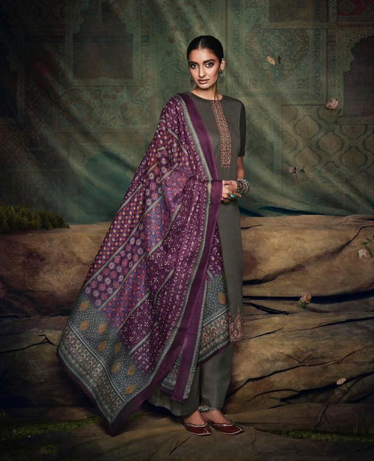 Grey Unstitched Salwar Suits with Bandhani Dupatta