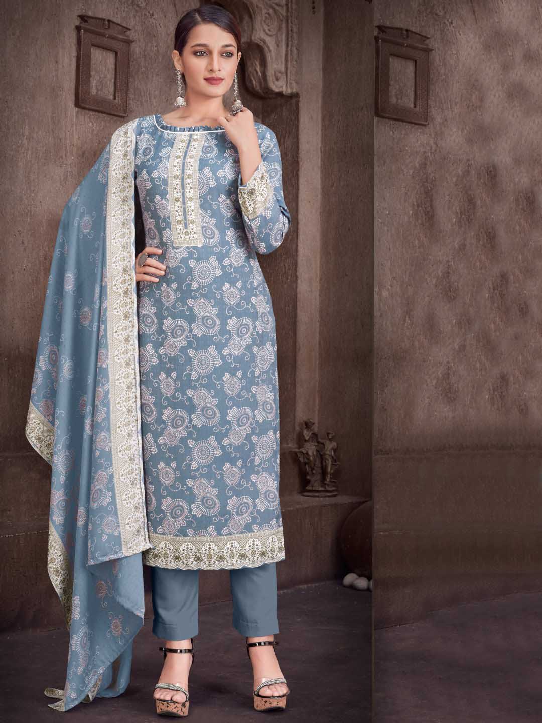 Blue Wool Pashmina Printed Unstitched Winter Suit
