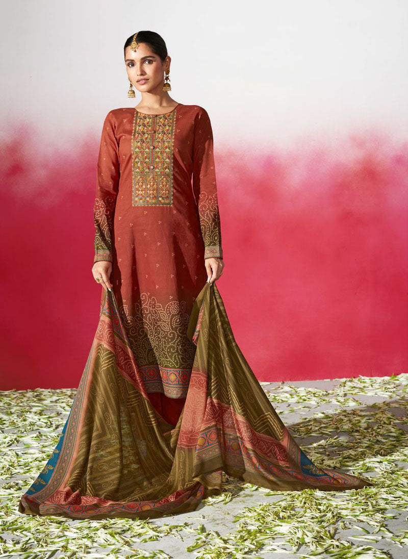 Pure Cotton Satin Unstitched Women Brick Red Suits Dress Materials - Stilento