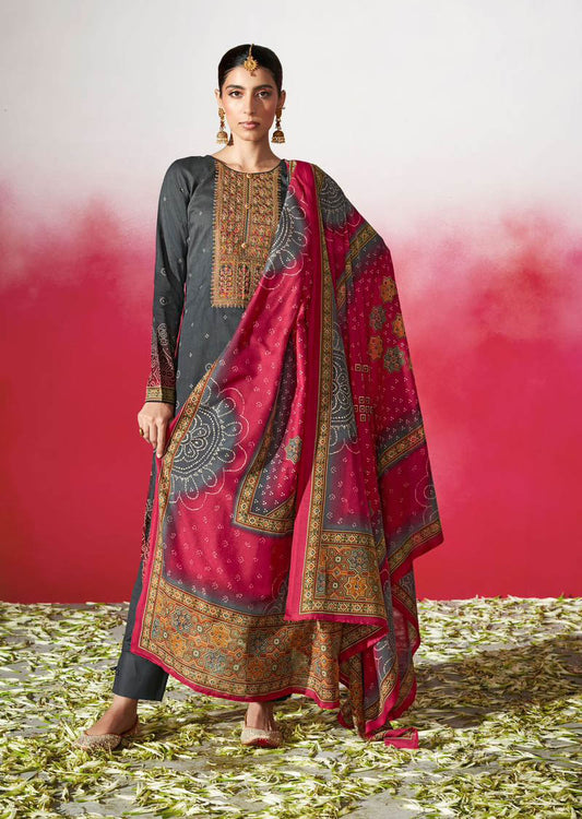 Pure Cotton Satin Unstitched Women Grey Suits Dress Materials