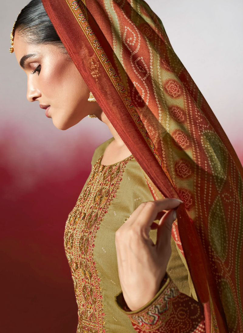 Pure Cotton Satin Unstitched Women Green Suits Dress Materials - Stilento