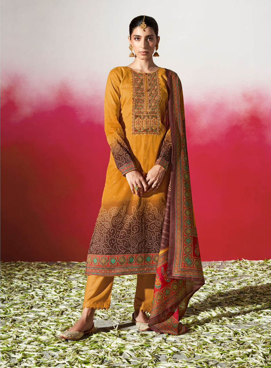 Pure Cotton Satin Unstitched Women Yellow Suits Dress Materials