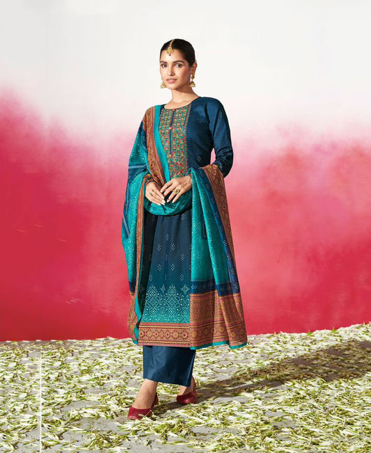 Pure Cotton Satin Unstitched Women Blue Suits Dress Materials