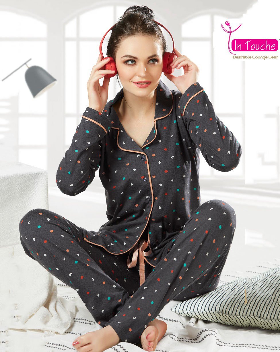 In Touche Grey Winter Night suit Pyjama Set for ladies With Collar - Stilento