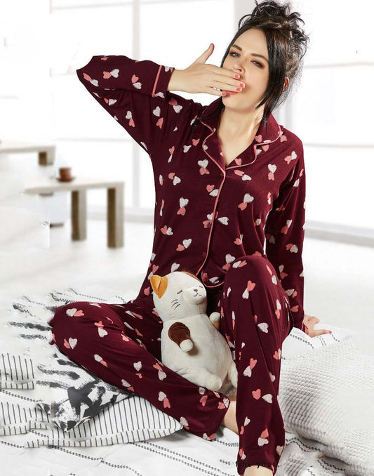 In Touche Maroon Winter Cotton Night suit Set for ladies with Collar - Stilento