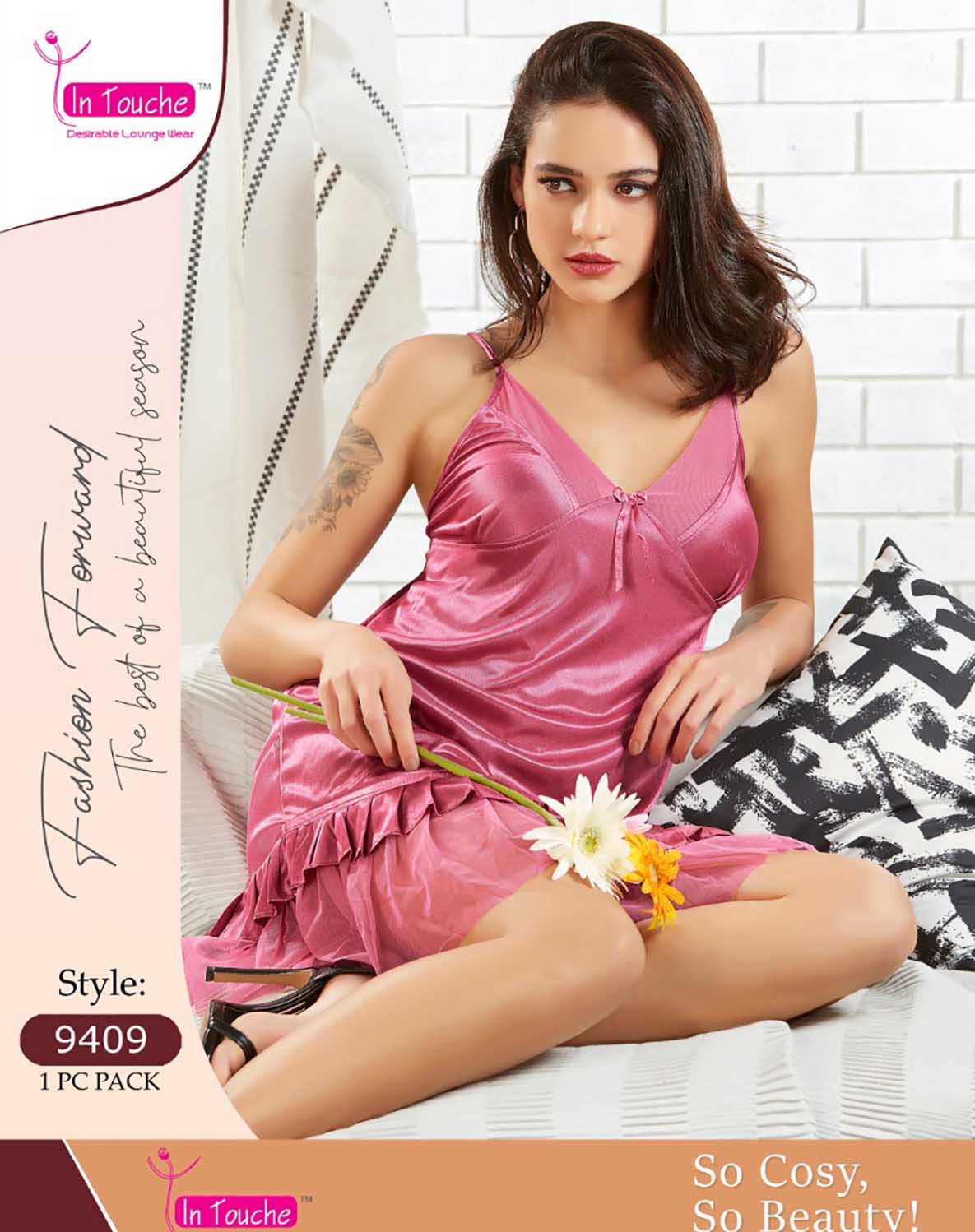 In Touche Pink Soft Satin Nighty Bridal Sexy Nightwear - Stilento