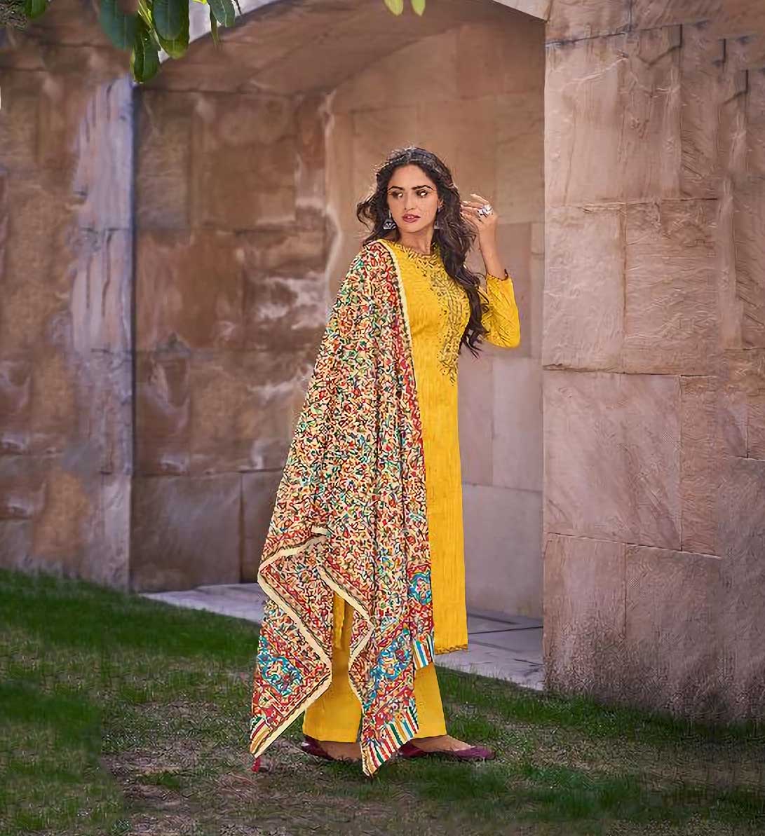 Jam Cotton Unstitched Suits Dress Material With Embroidery Yellow - Stilento