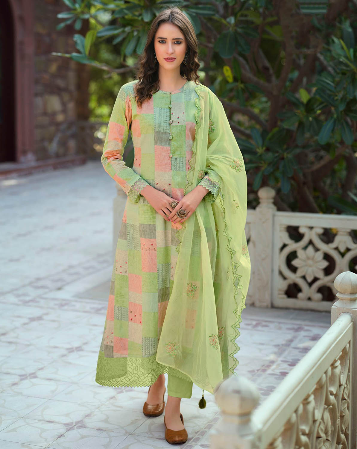 Unstitched Women Cotton Silk Green Suit Material with Organza Dupatta